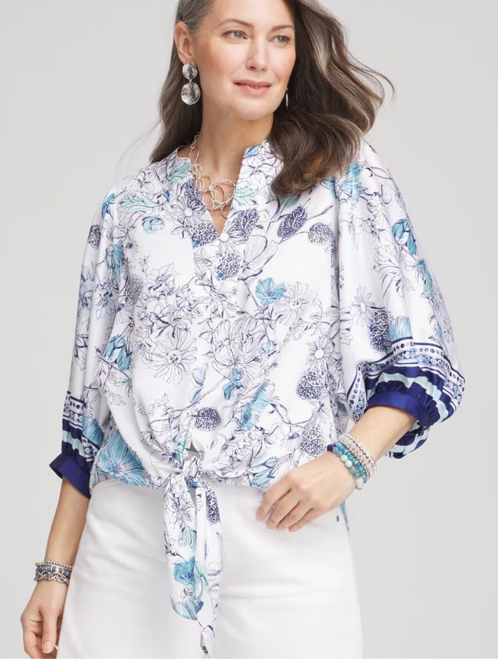 Chico’s Wildflower Floral Tie-Front Batwing Boho Blouse Top Size 16